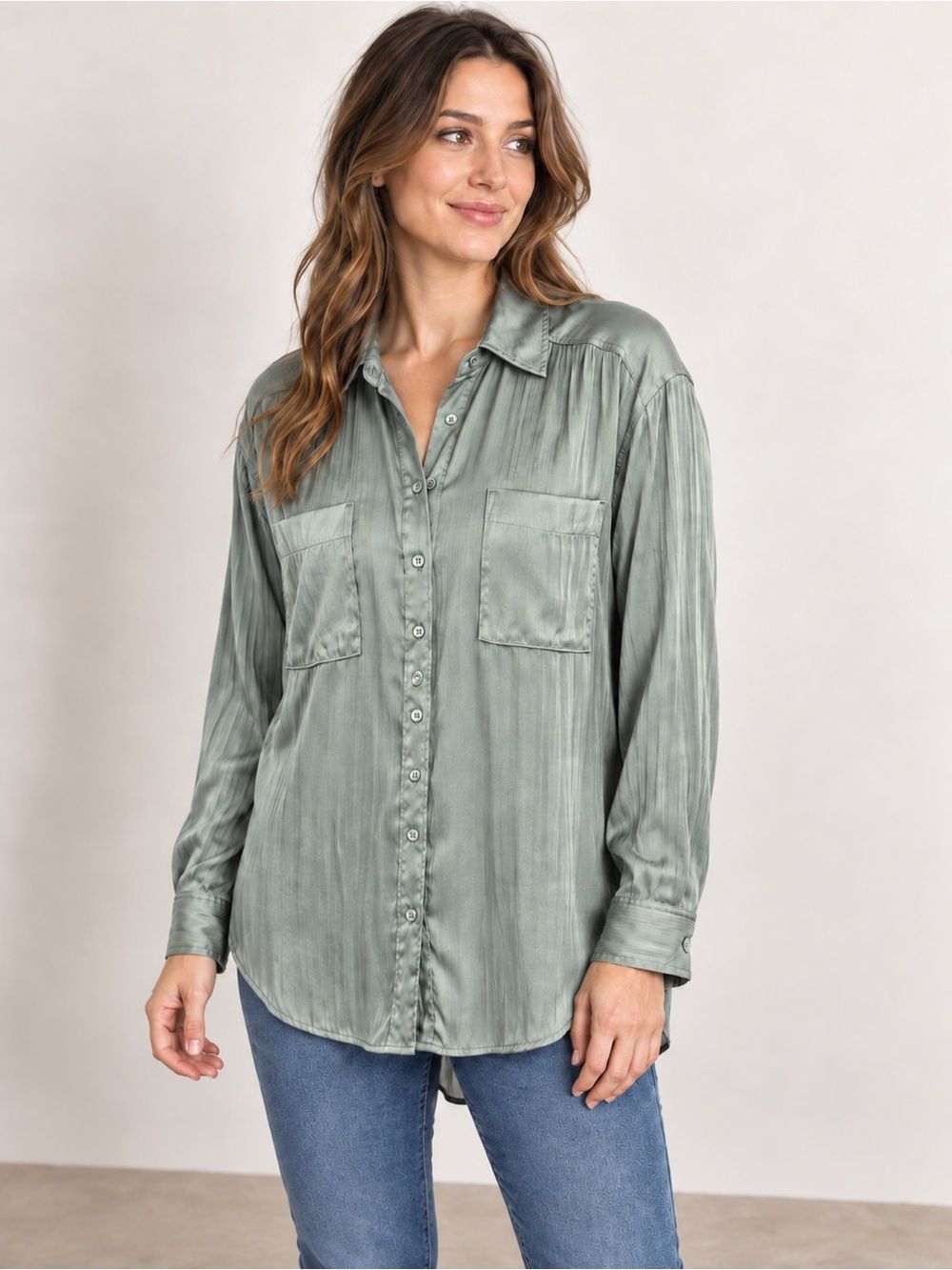 By Anthropologie Olive Green Pleated Satin Button-Down Blouse XL